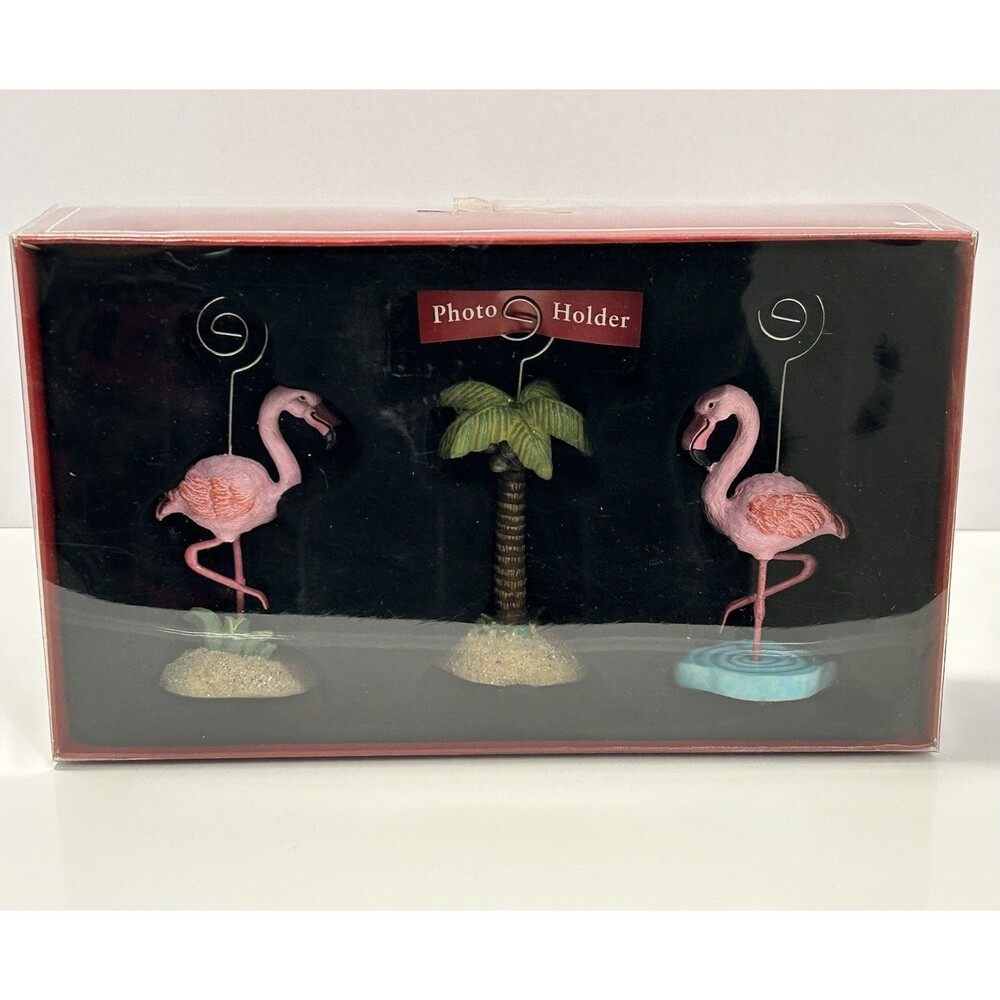 VTG Tropical Flamingo & Palm Tree Photo Holders Set of 3 Retro Beachy